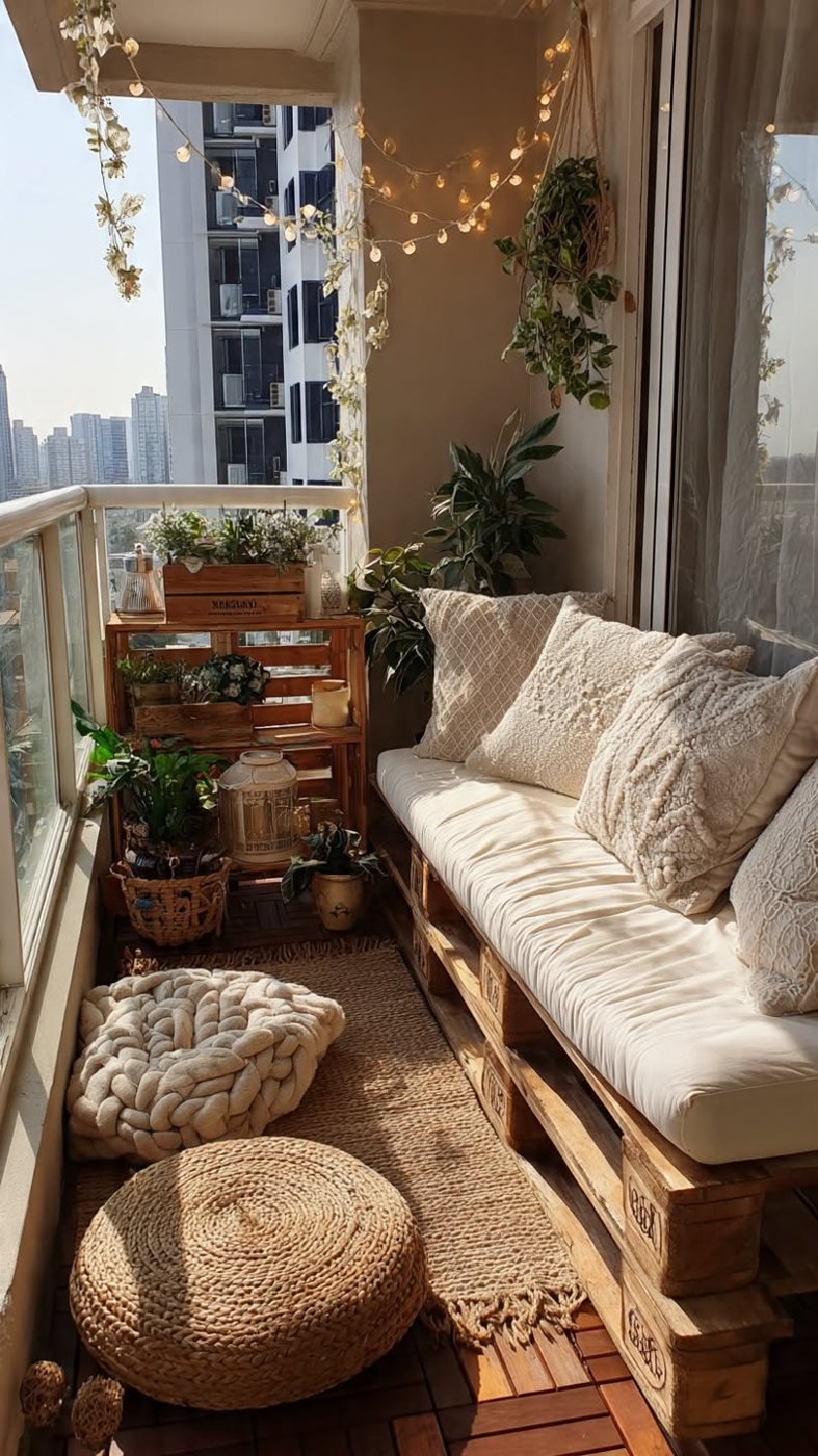 Balkonunuzu uygun maliyetle şık bir yaşam alanına dönüştürmek ister misiniz? Palet mobilya yapımı ve dekorasyon fikirleriyle ilham alın, kendi benzersiz balkon köşenizi yaratın!: Balkon dekorasyon örneği