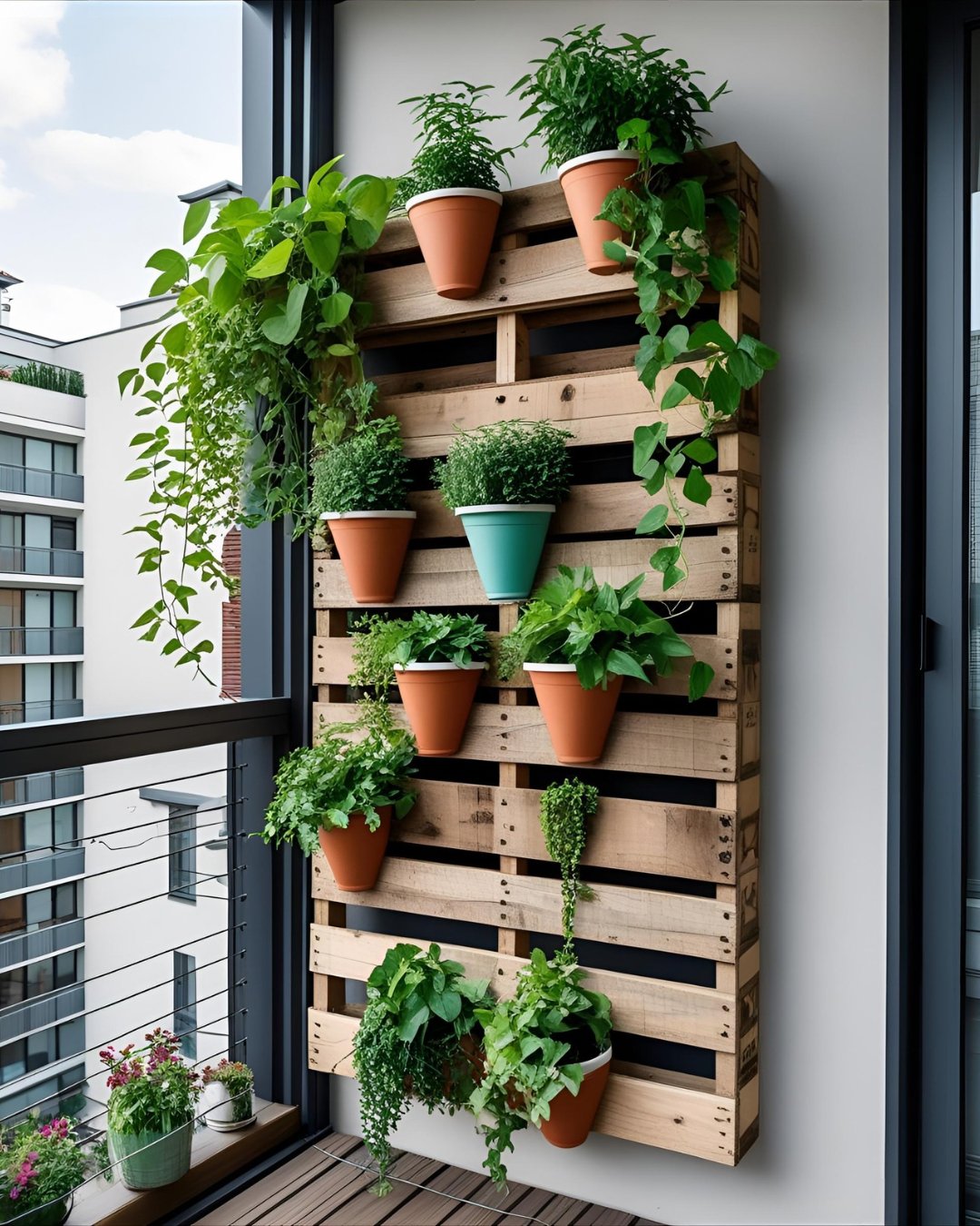 Balkon duvarına asılı paletlerden yapılmış dikey bahçe, farklı saksılarda yeşil bitkilerle dolu