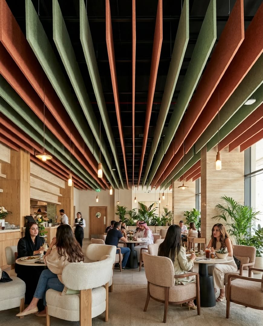 Yeşil ve terakota renkli dikey panellerle süslü yüksek tavanı, açık renk ahşap detayları ve bitkileri olan modern bir kafe