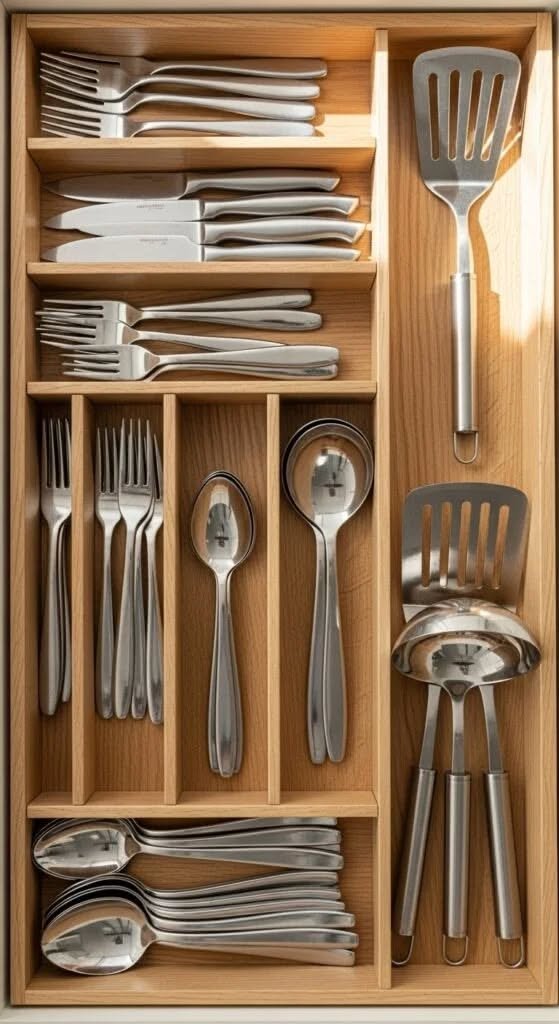 Açık renk ahşap çekmecede, metal çatal bıçak, kepçe ve spatula çeşitleri özel bölmelerinde düzgünce yer alıyor