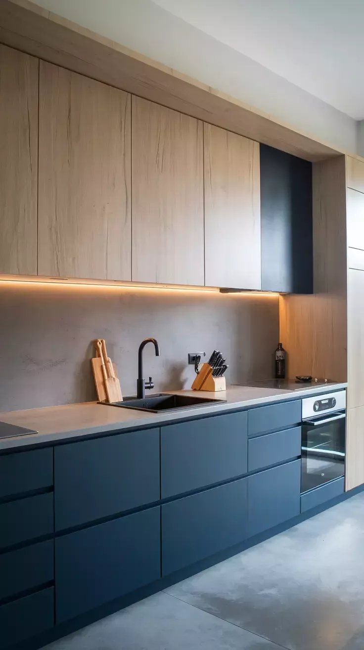 Açık ahşap ve koyu mavi dolapların, gri tezgah ve ara panel ile birleştiği modern bir mutfak