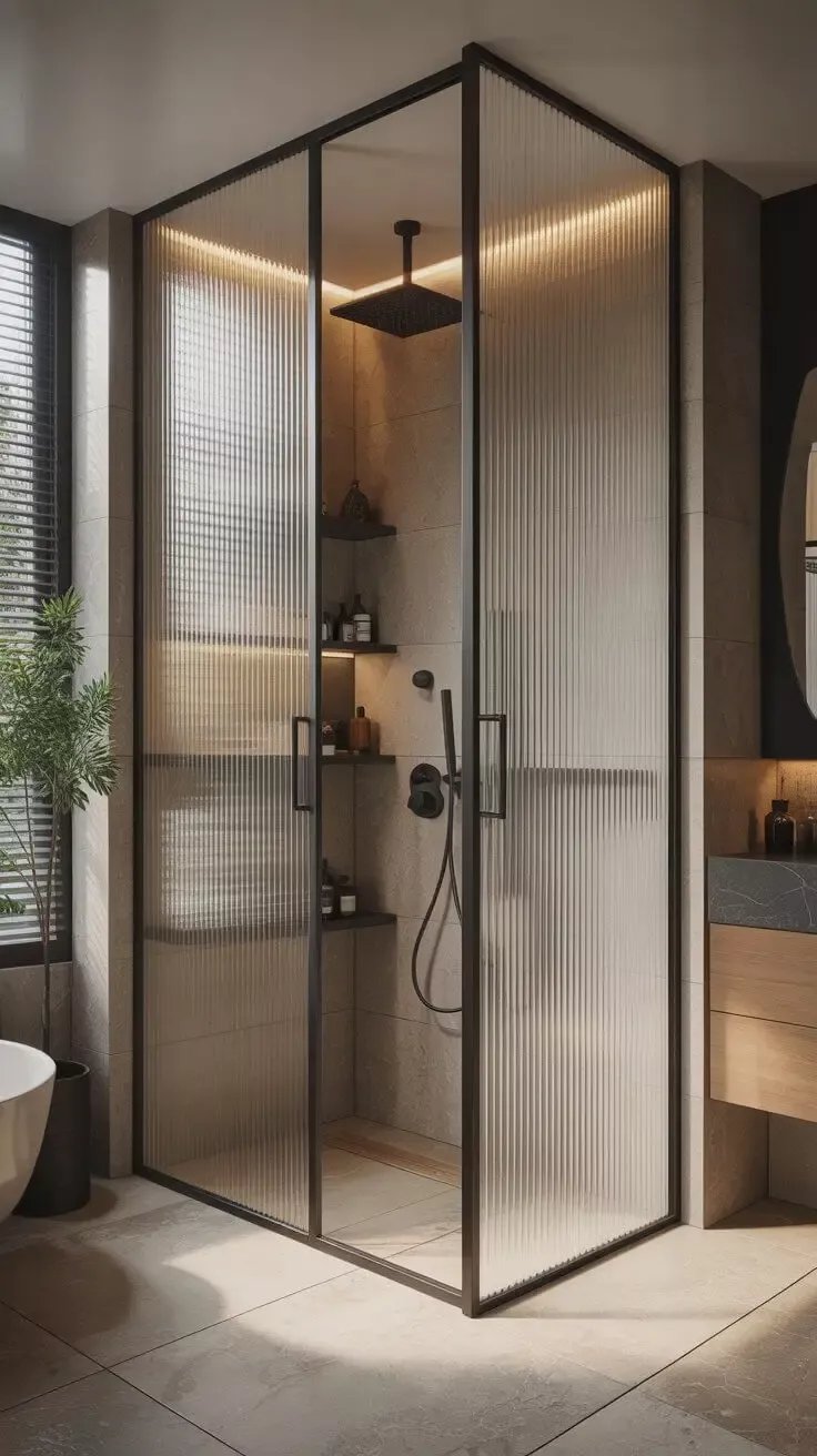 Metal çerçeveli, dikey çizgili cam panelli duşakabin, iç raf ve köşede küçük yeşil bir bitki ile modern banyo