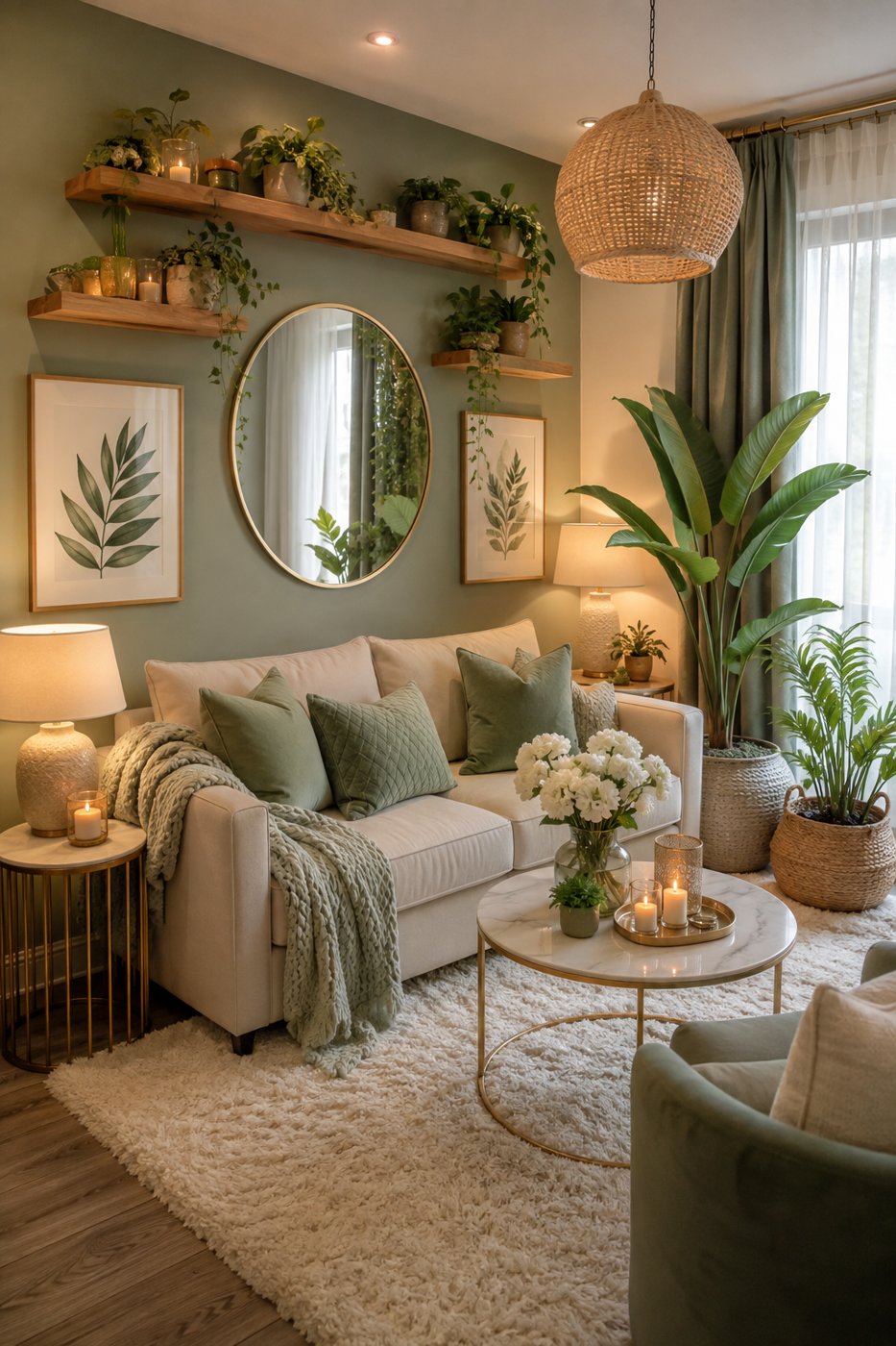 Salonunuzda dingin ve huzurlu bir atmosfer yaratmak için adaçayı yeşili ve kırık beyazın mükemmel uyumunu keşfedin. Doğru tonları ve dekorasyon ipuçlarını öğrenin.: Salon dekorasyon örneği