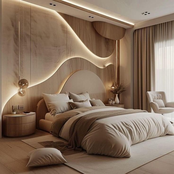Yatak başı duvarı, kavisli ve katmanlı ahşap panellerle dinamik bir tasarım sunarken, içten aydınlatma vurgu yapıyor